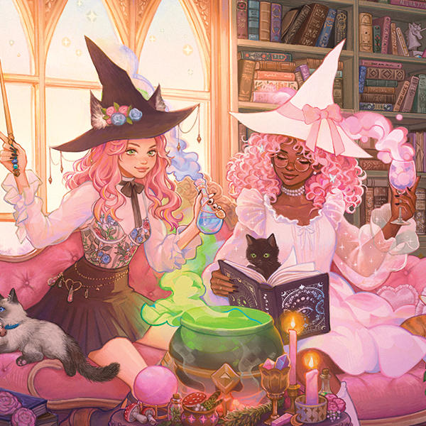 Pink Anime Witch Girls in Library with Cats by Ivy Dolamore Xbox Series X Skins