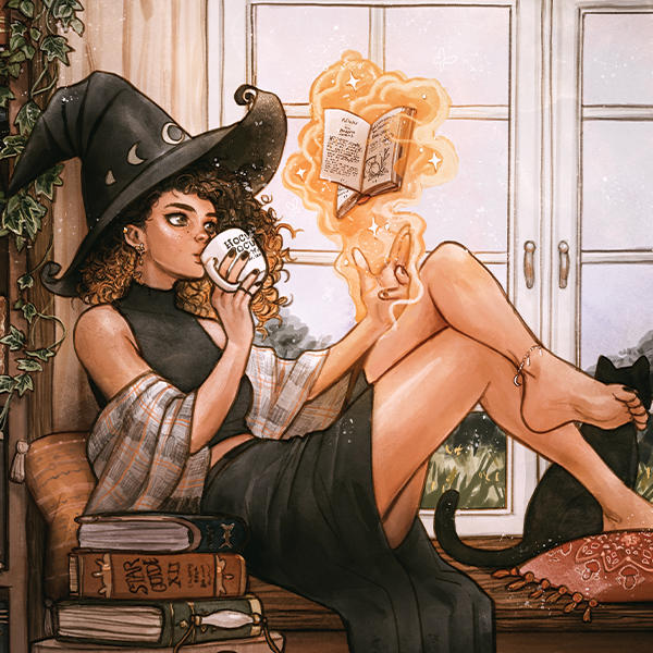 Cozy Autumn Library Witch with Cat and Coffee by Ivy Dolamore Xbox Series X Skins