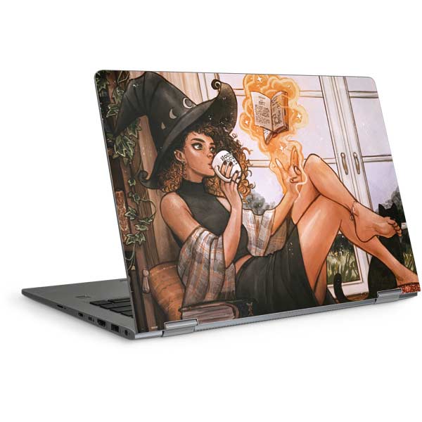 Cozy Autumn Library Witch with Cat and Coffee by Ivy Dolamore Laptop Skins