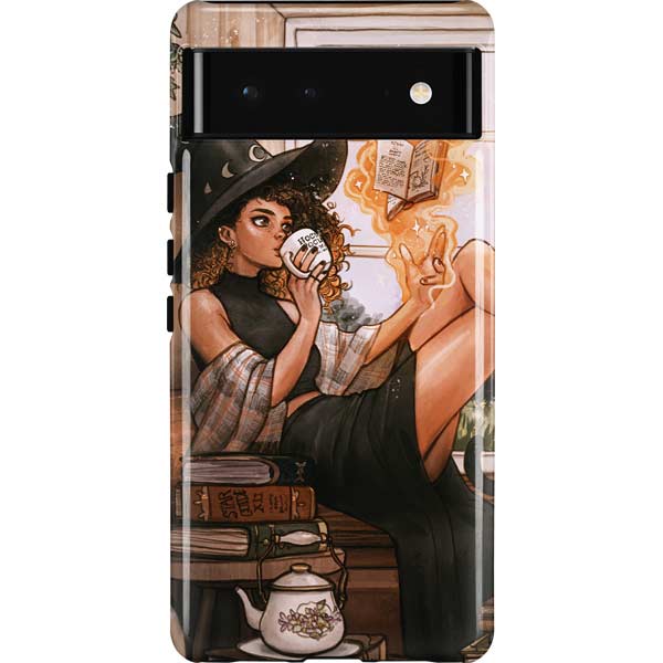 Cozy Autumn Library Witch with Cat and Coffee by Ivy Dolamore Pixel Cases