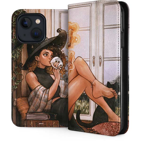 Cozy Autumn Library Witch with Cat and Coffee by Ivy Dolamore iPhone Cases