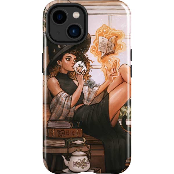 Cozy Autumn Library Witch with Cat and Coffee by Ivy Dolamore iPhone Cases