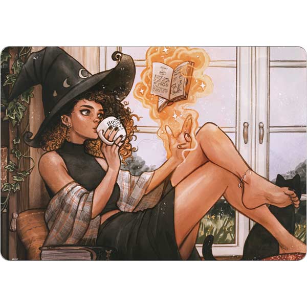 Cozy Autumn Library Witch with Cat and Coffee by Ivy Dolamore MacBook Skins