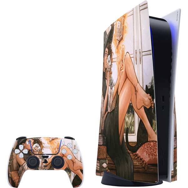 Cozy Autumn Library Witch with Cat and Coffee by Ivy Dolamore PlayStation PS5 Skins