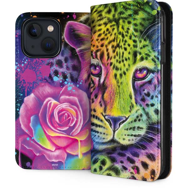 Neon Rainbow Cheetah with Rose by Sheena Pike iPhone Cases