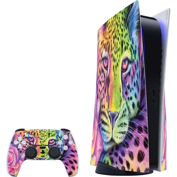 Neon Rainbow Cheetah with Rose by Sheena Pike PlayStation PS5 Skins
