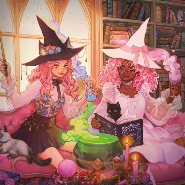 Pink Anime Witch Girls in Library with Cats by Ivy Dolamore Laptop Skins