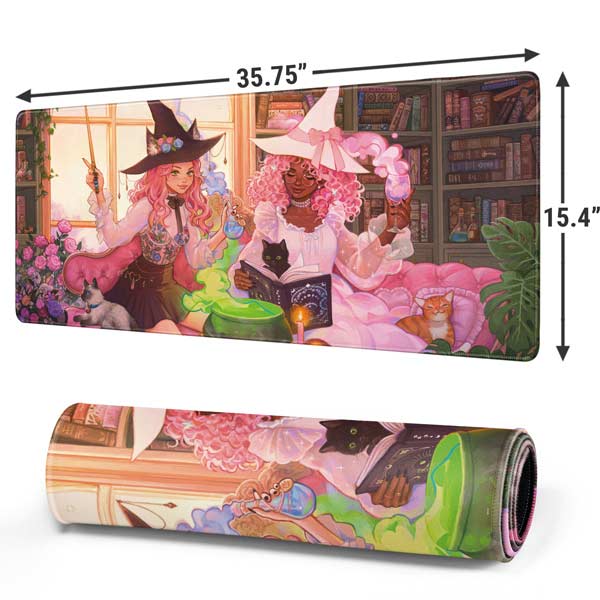 Pink Anime Witch Girls in Library with Cats by Ivy Dolamore Mousepad