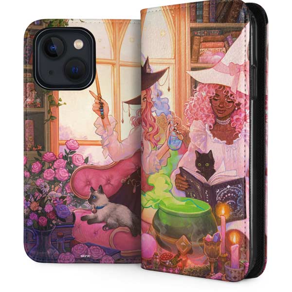 Pink Anime Witch Girls in Library with Cats by Ivy Dolamore iPhone Cases