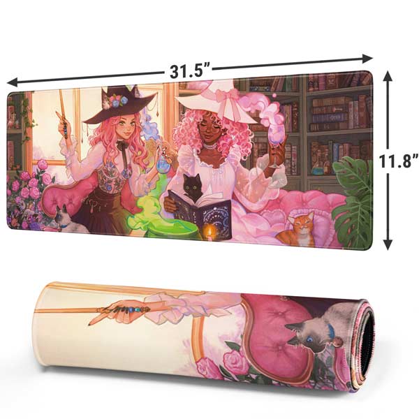 Pink Anime Witch Girls in Library with Cats by Ivy Dolamore Mousepad