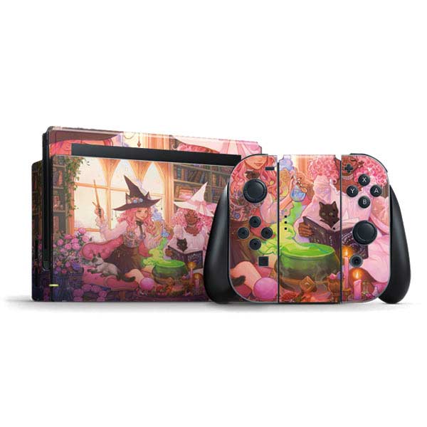 Pink Anime Witch Girls in Library with Cats by Ivy Dolamore Nintendo Skins