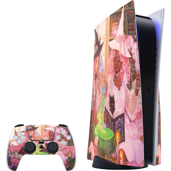 Pink Anime Witch Girls in Library with Cats by Ivy Dolamore PlayStation PS5 Skins