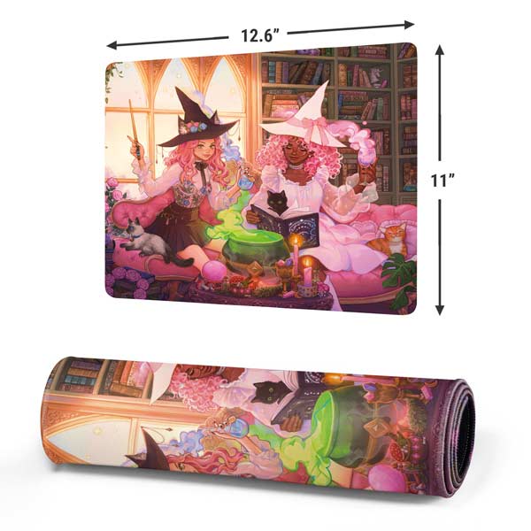 Pink Anime Witch Girls in Library with Cats by Ivy Dolamore Mousepad